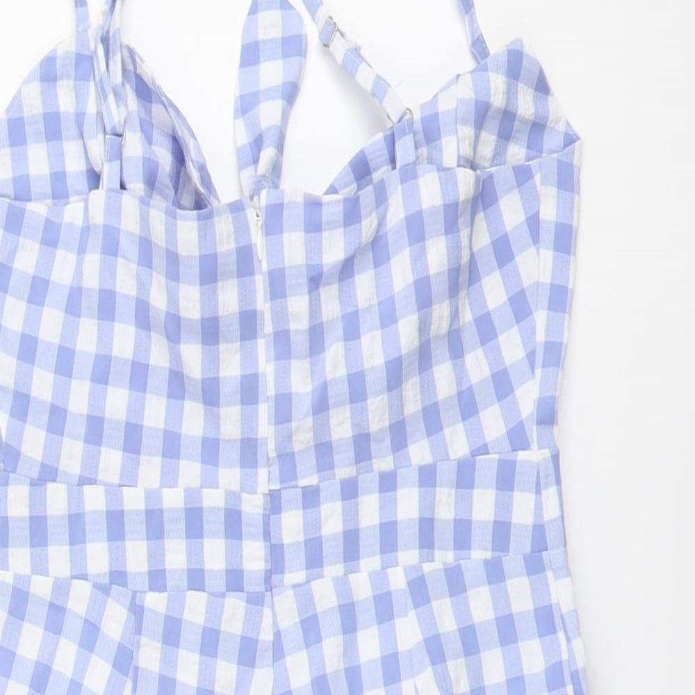 Zaful Womens Blue Check Polyester Playsuit One-Piece Size S Zip - Gingham