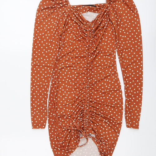 PRETTYLITTLETHING Womens Brown Polka Dot Polyester Bodycon Size 6 V-Neck Pullover