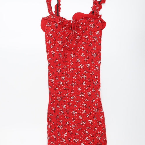 PRETTYLITTLETHING Womens Red Floral Viscose Bodycon Size 8 V-Neck Pullover
