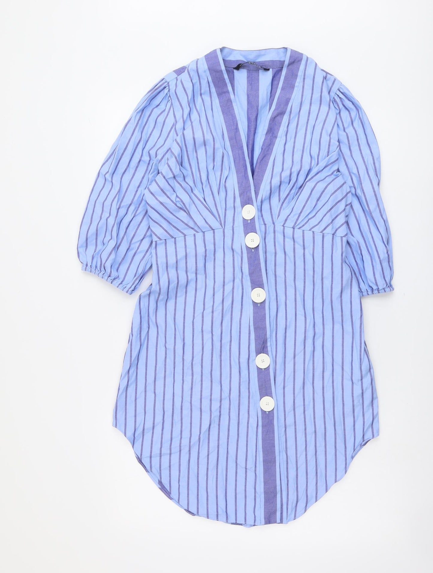 Zara Womens Blue Striped Cotton A-Line Size M V-Neck Button