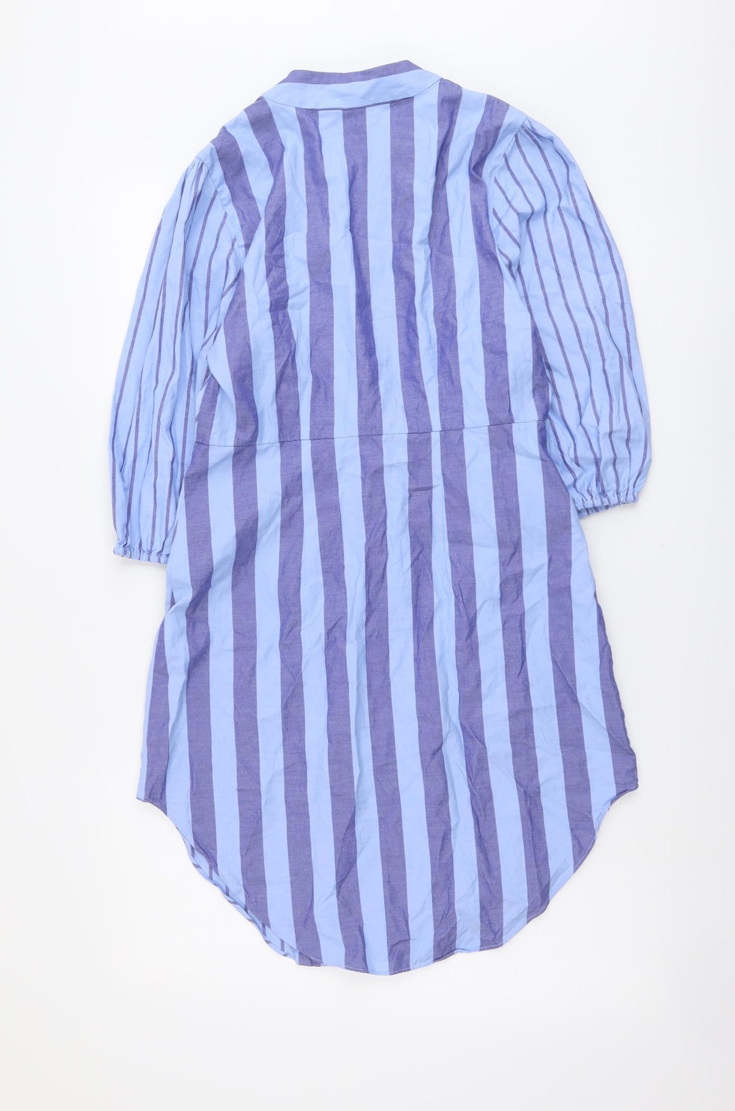 Zara Womens Blue Striped Cotton A-Line Size M V-Neck Button