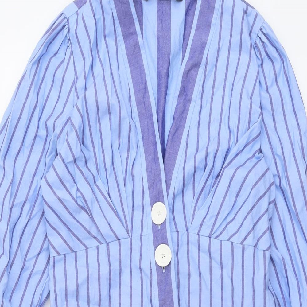 Zara Womens Blue Striped Cotton A-Line Size M V-Neck Button