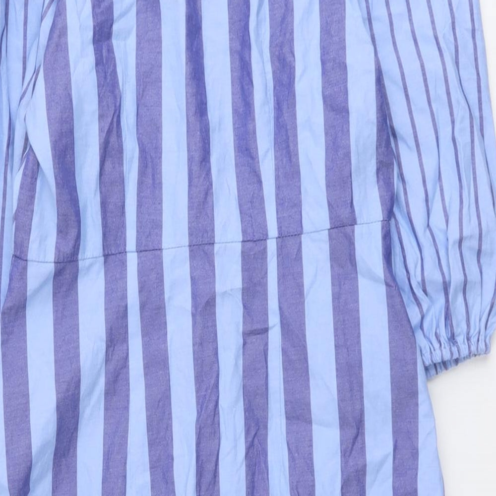 Zara Womens Blue Striped Cotton A-Line Size M V-Neck Button