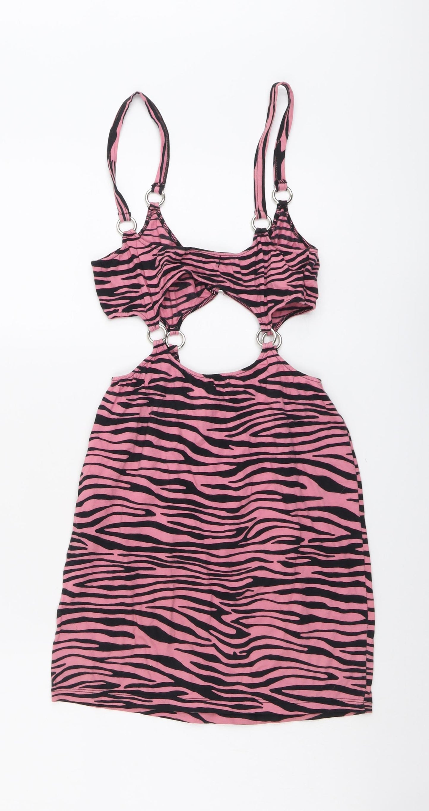 Motel Womens Pink Animal Print Cotton Bodycon Size XS V-Neck Pullover - Tiger Pattern