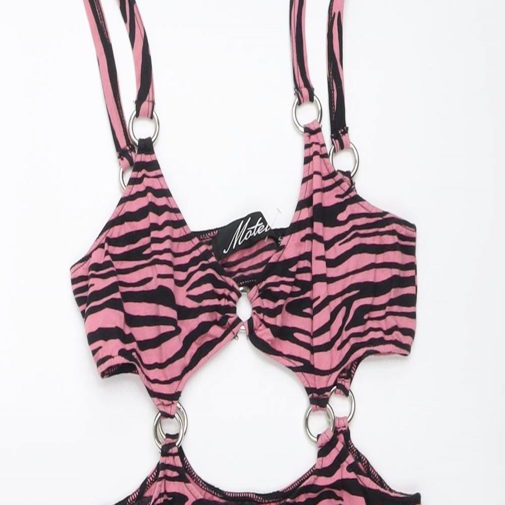 Motel Womens Pink Animal Print Cotton Bodycon Size XS V-Neck Pullover - Tiger Pattern