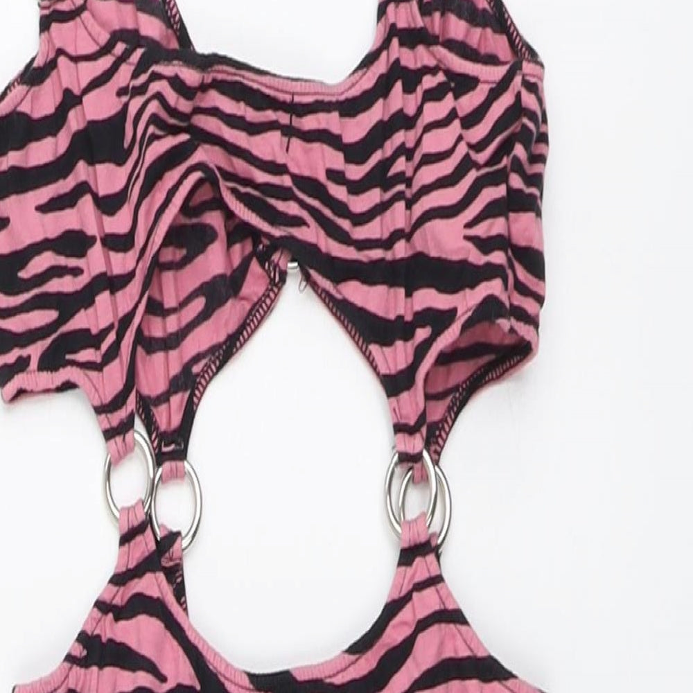 Motel Womens Pink Animal Print Cotton Bodycon Size XS V-Neck Pullover - Tiger Pattern