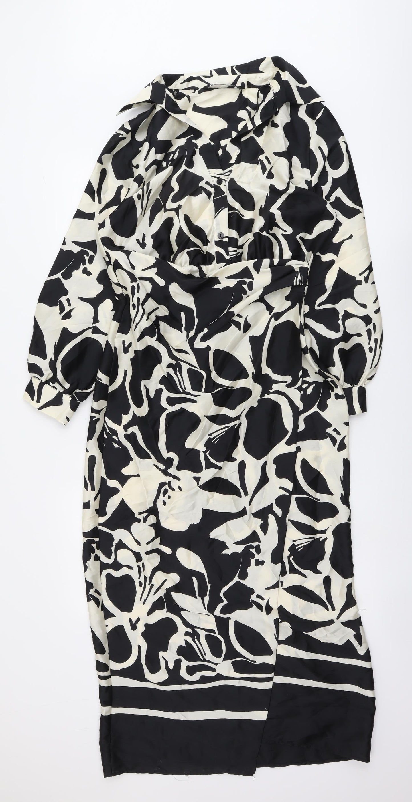 Zara Womens Black Floral Polyester Shirt Dress Size M Collared Zip