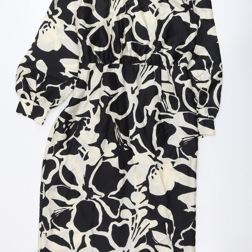 Zara Womens Black Floral Polyester Shirt Dress Size M Collared Zip