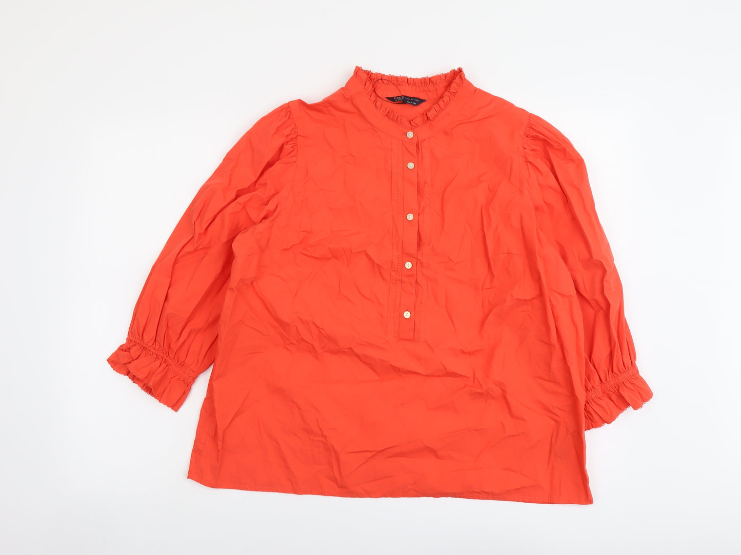 Marks and Spencer Womens Red Cotton Basic Button-Up Size 16 Mock Neck