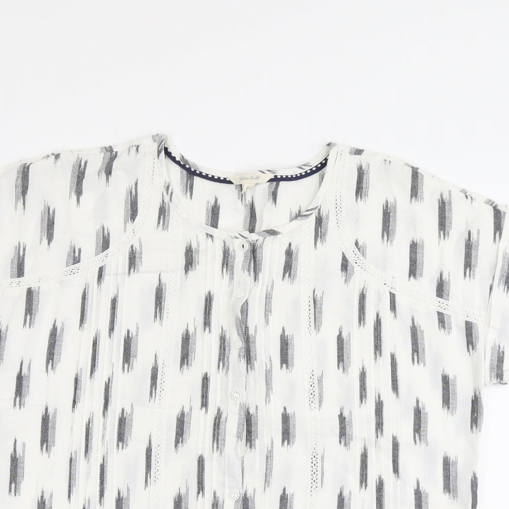 White Stuff Womens White Geometric Cotton Basic Blouse Size 14 Round Neck