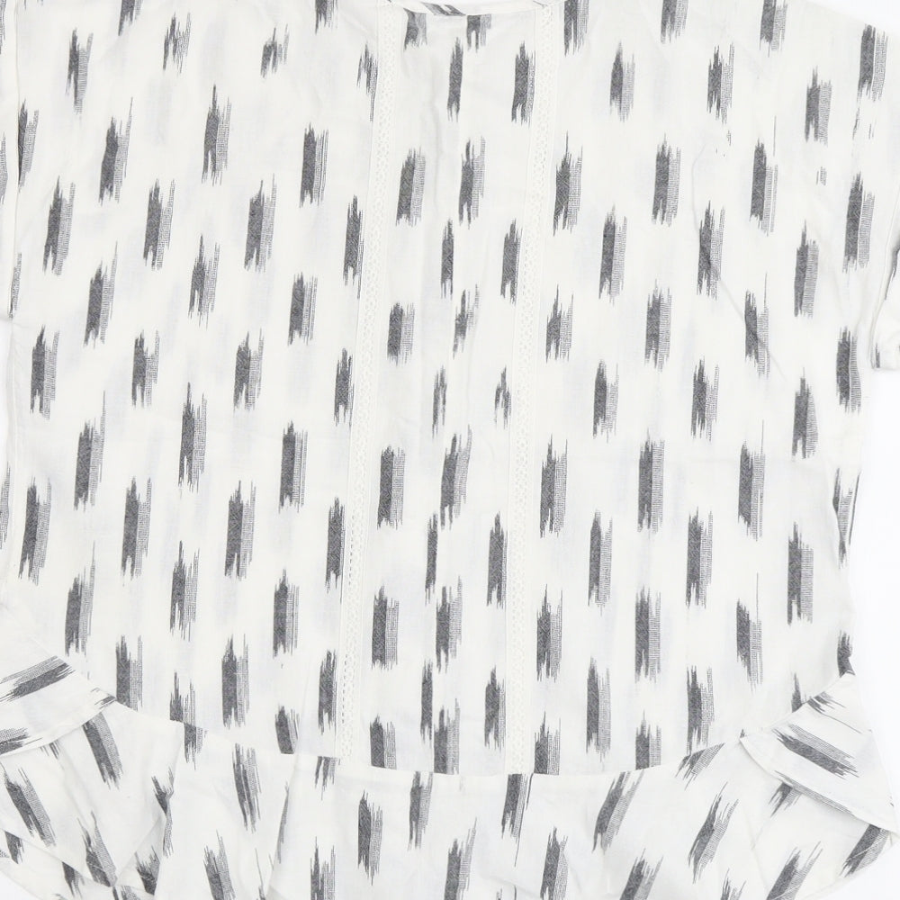 White Stuff Womens White Geometric Cotton Basic Blouse Size 14 Round Neck