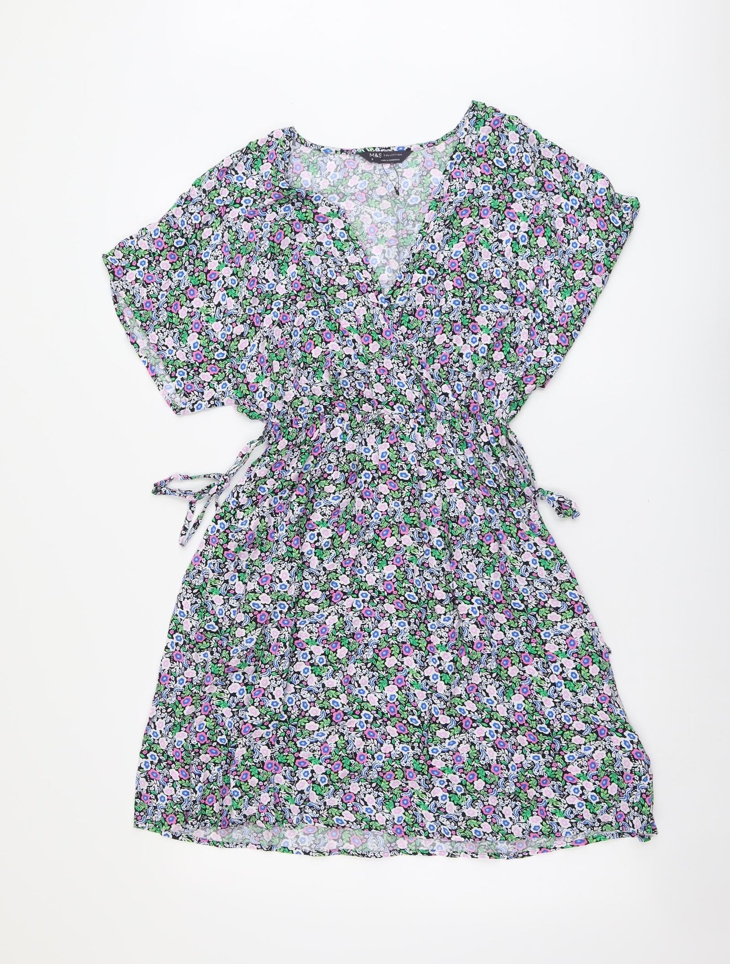 Marks and Spencer Womens Multicoloured Floral Viscose Fit & Flare Size 8 V-Neck Pullover - Side Tie Detail