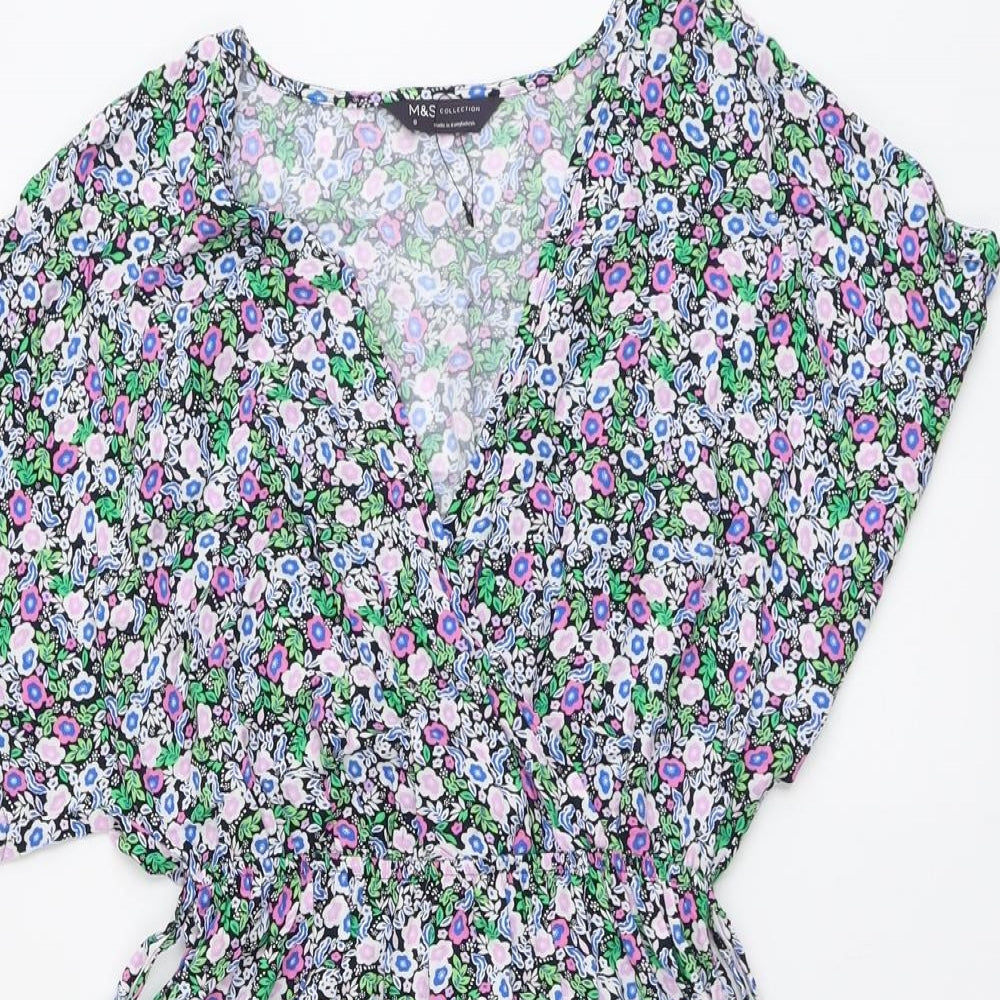 Marks and Spencer Womens Multicoloured Floral Viscose Fit & Flare Size 8 V-Neck Pullover - Side Tie Detail