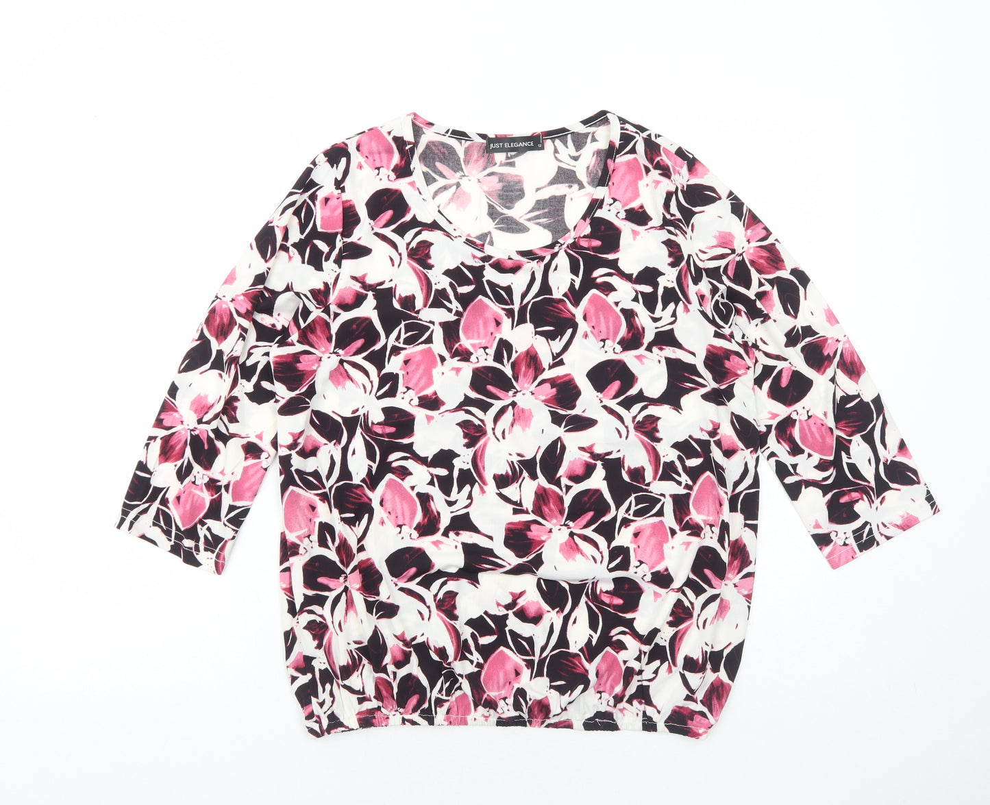 Just Elegance Womens Pink Floral Polyester Basic Blouse Size 12 Scoop Neck