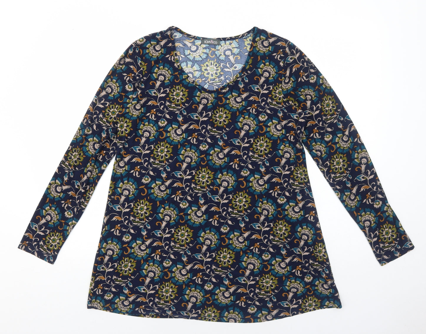 Kim & Co Womens Blue Floral Polyester Tunic Blouse Size M Scoop Neck