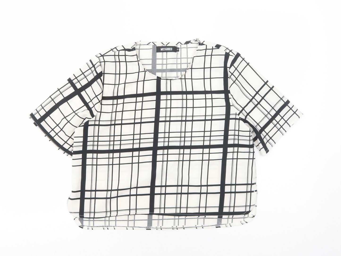 Missguided Womens White Plaid Polyester Basic T-Shirt Size 8 Scoop Neck