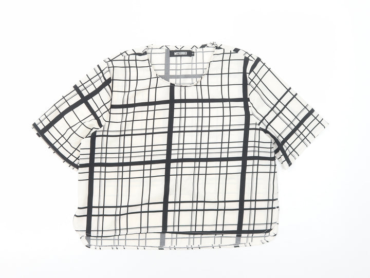 Missguided Womens White Plaid Polyester Basic T-Shirt Size 8 Scoop Neck