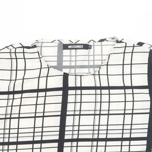 Missguided Womens White Plaid Polyester Basic T-Shirt Size 8 Scoop Neck
