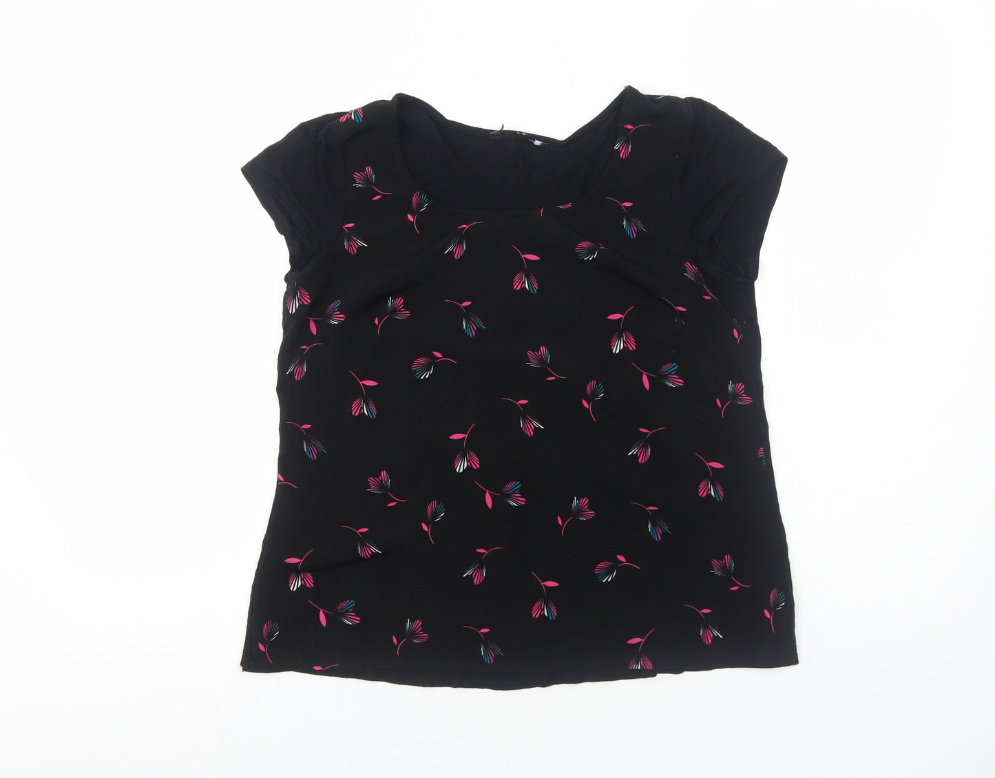 Preworn Womens Black Geometric Polyester Basic T-Shirt Size S Scoop Neck