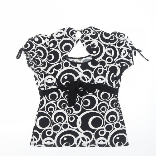 BASSINI Womens Black Geometric Polyester Basic T-Shirt Size XL Round Neck