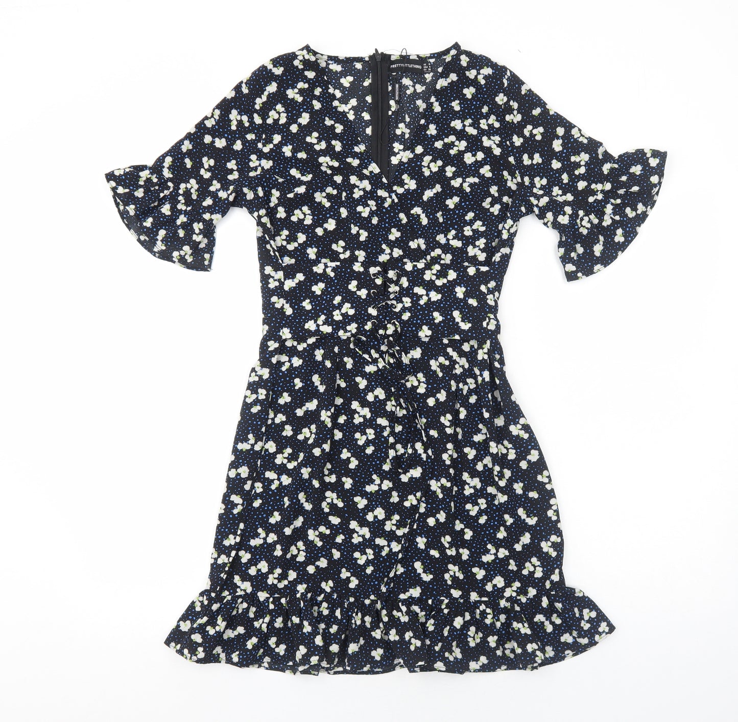 PRETTYLITTLETHING Womens Black Floral Polyester Fit & Flare Size 8 V-Neck Zip