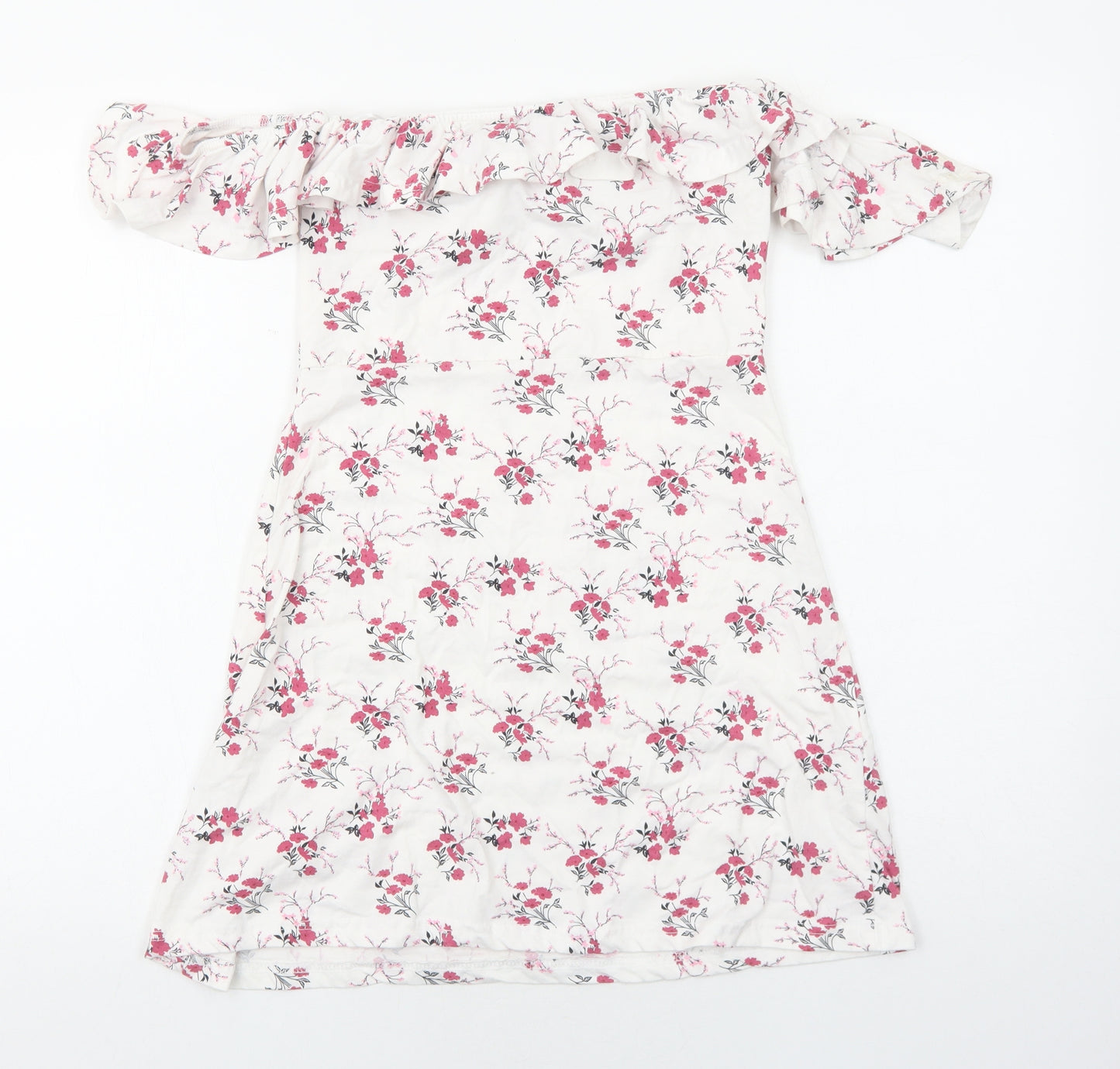 Missguided Womens White Floral Viscose A-Line Size 8 Off the Shoulder Pullover