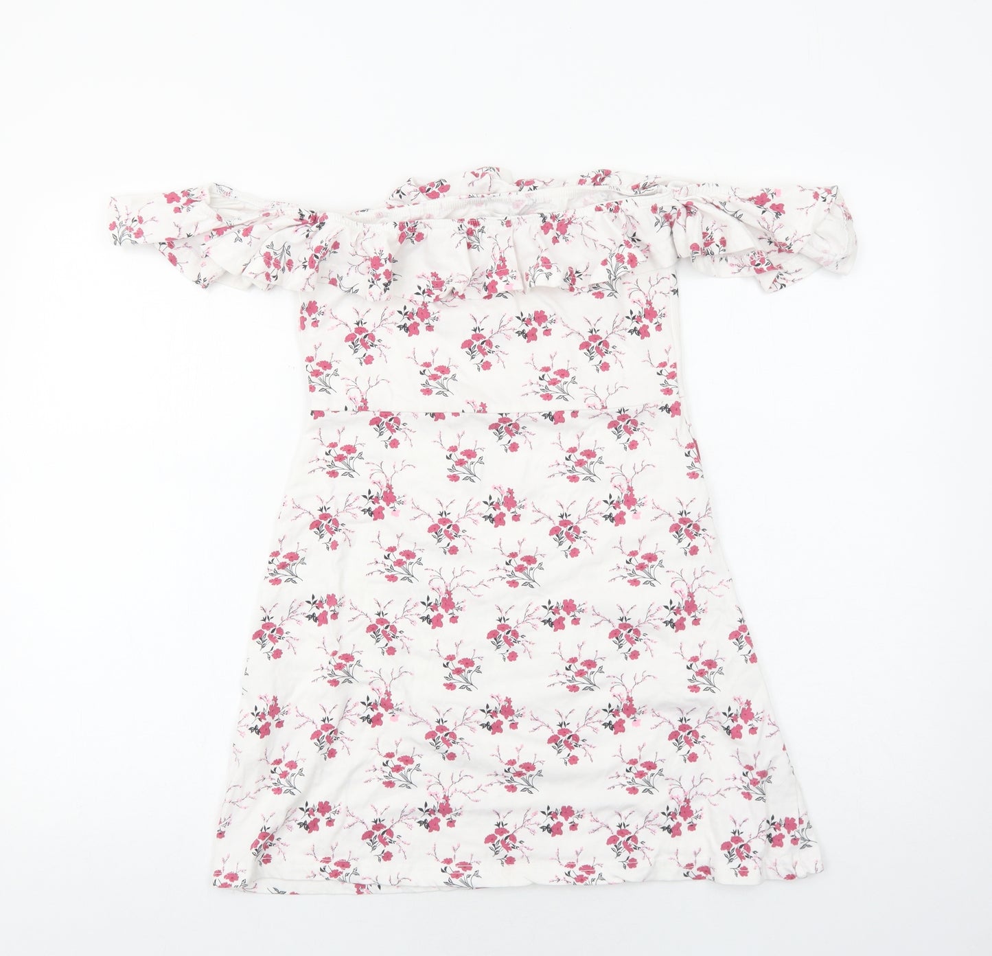 Missguided Womens White Floral Viscose A-Line Size 8 Off the Shoulder Pullover
