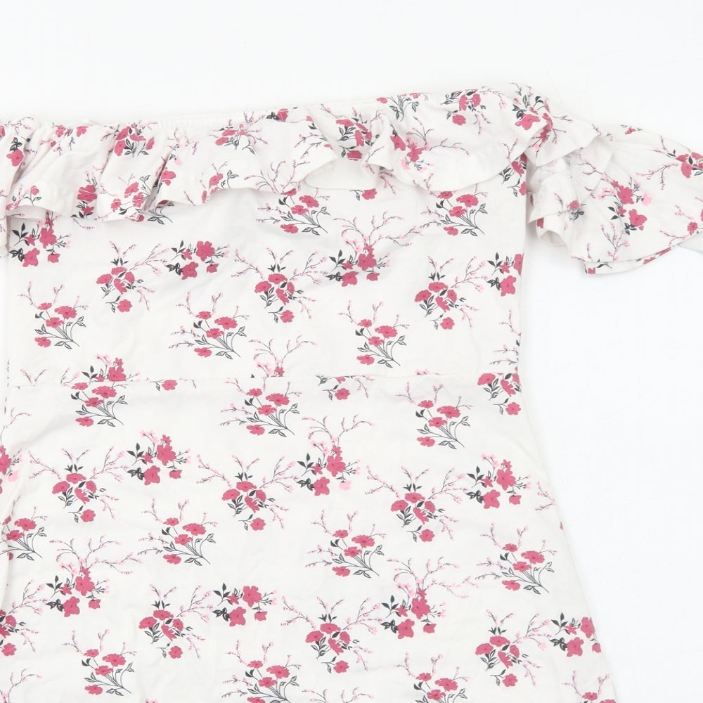 Missguided Womens White Floral Viscose A-Line Size 8 Off the Shoulder Pullover