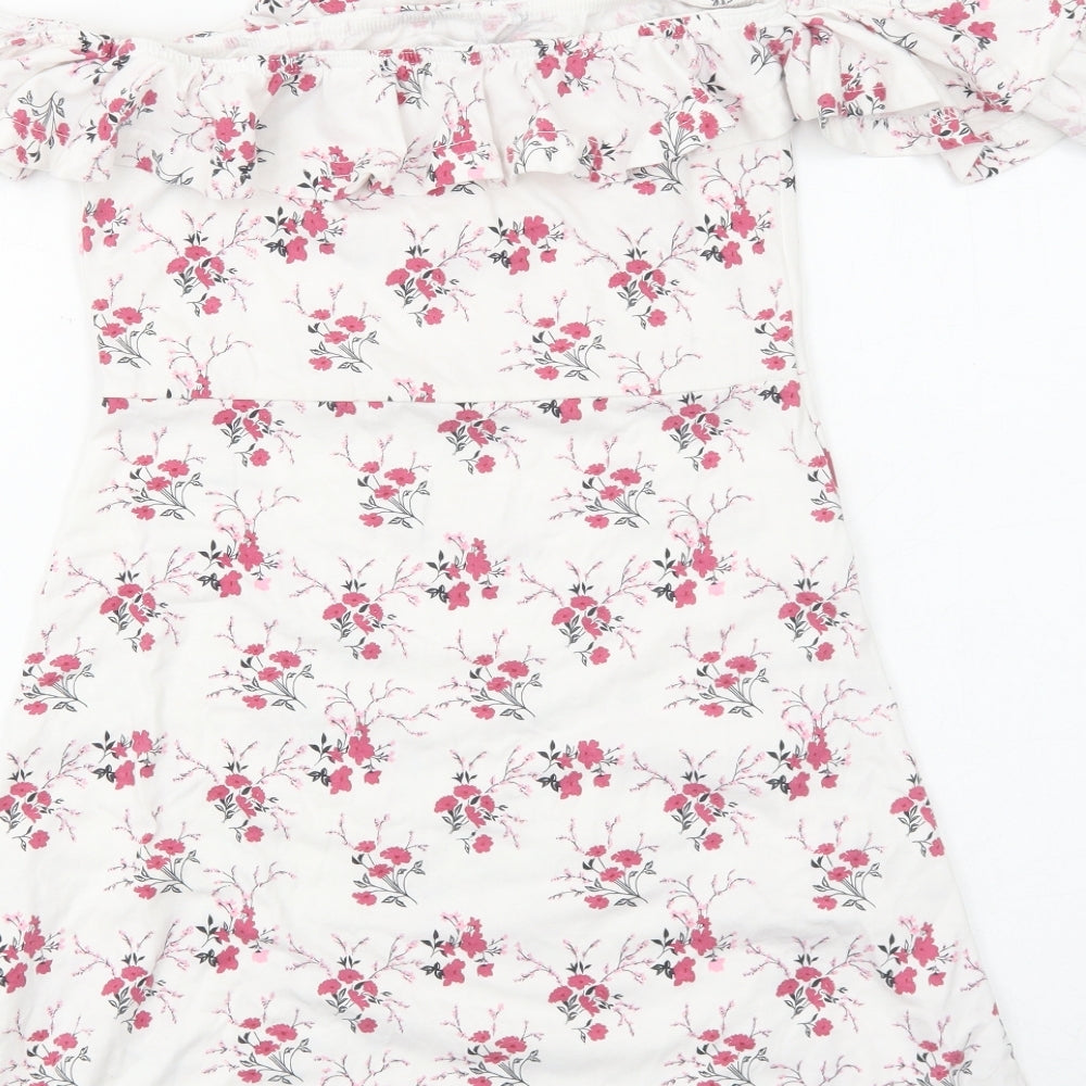 Missguided Womens White Floral Viscose A-Line Size 8 Off the Shoulder Pullover