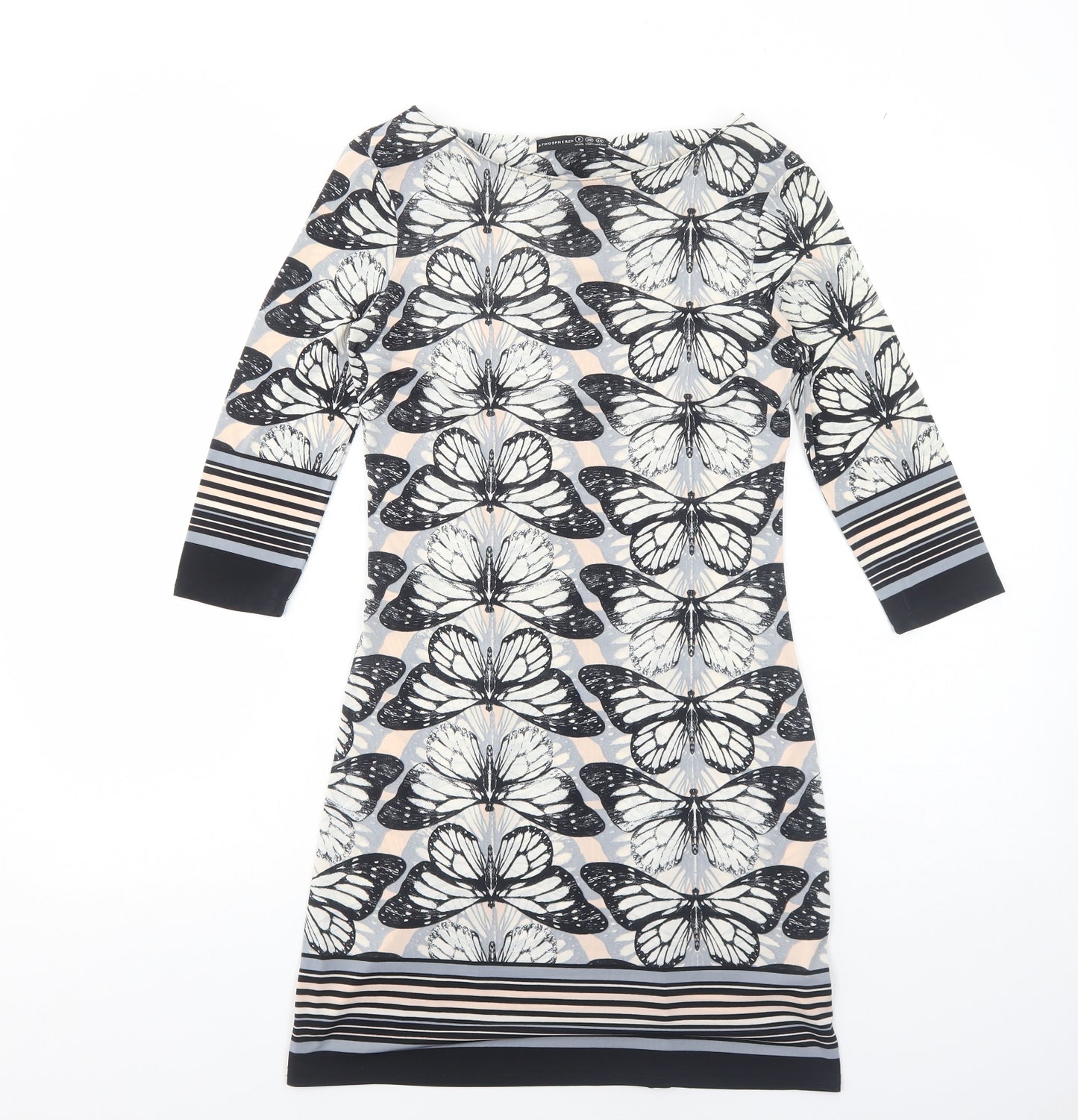 Atmosphere Womens Grey Geometric Polyester A-Line Size 8 Boat Neck Pullover - Butterfly Pattern