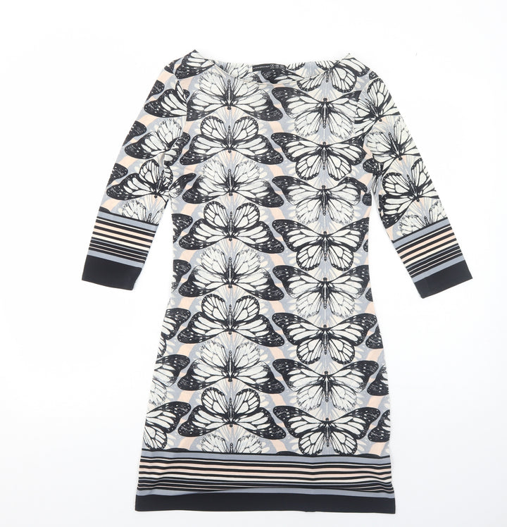 Atmosphere Womens Grey Geometric Polyester A-Line Size 8 Boat Neck Pullover - Butterfly Pattern