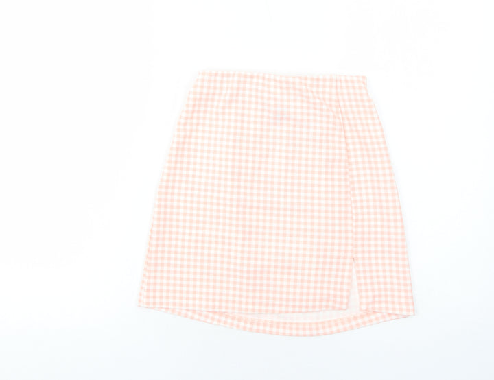 H&M Womens Pink Check Polyester A-Line Skirt Size XS
