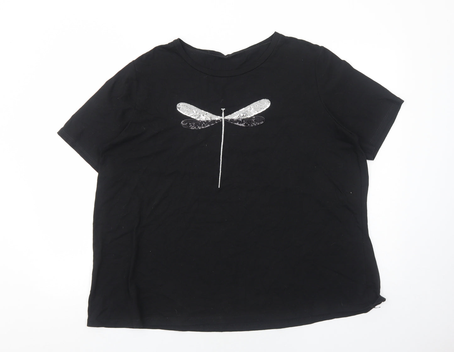 Preworn Womens Black Cotton Basic T-Shirt Size 2XL Round Neck - Dragonfly