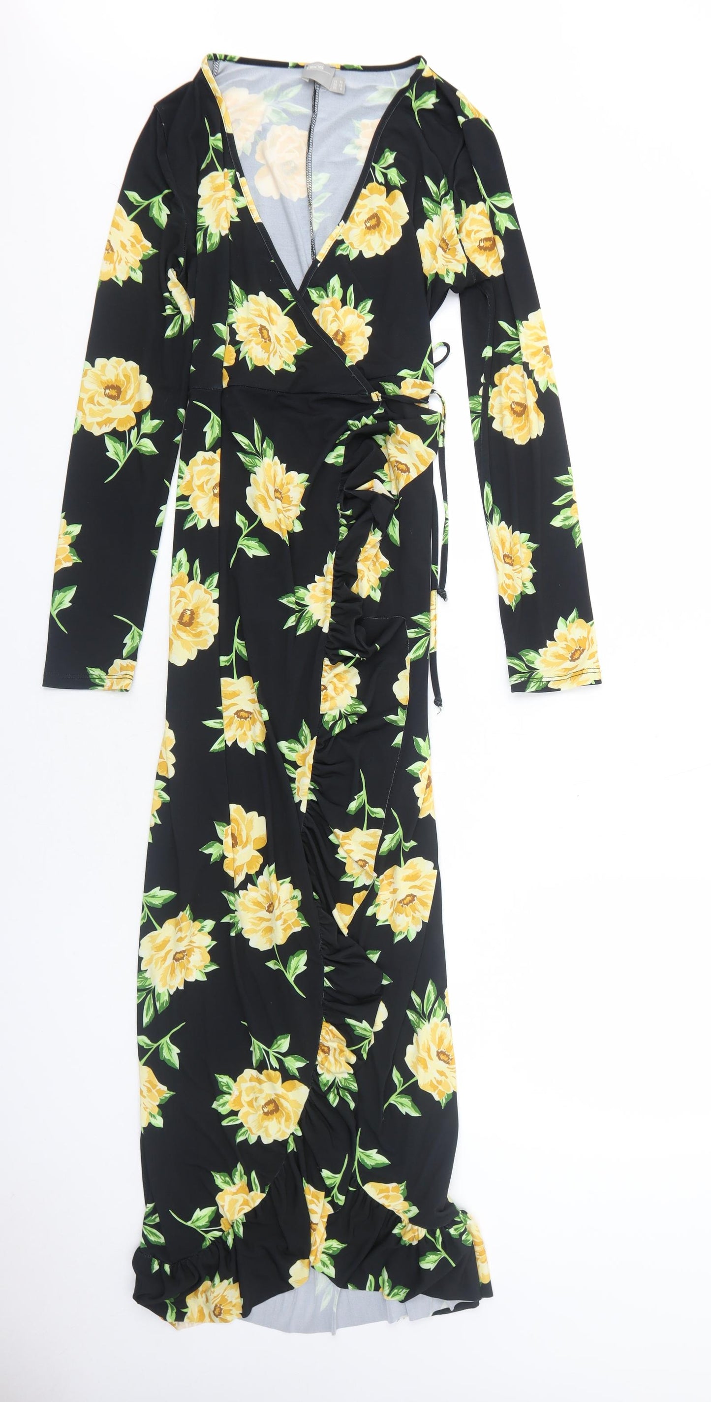 ASOS Womens Black Floral Polyester Wrap Dress Size 10 V-Neck Tie