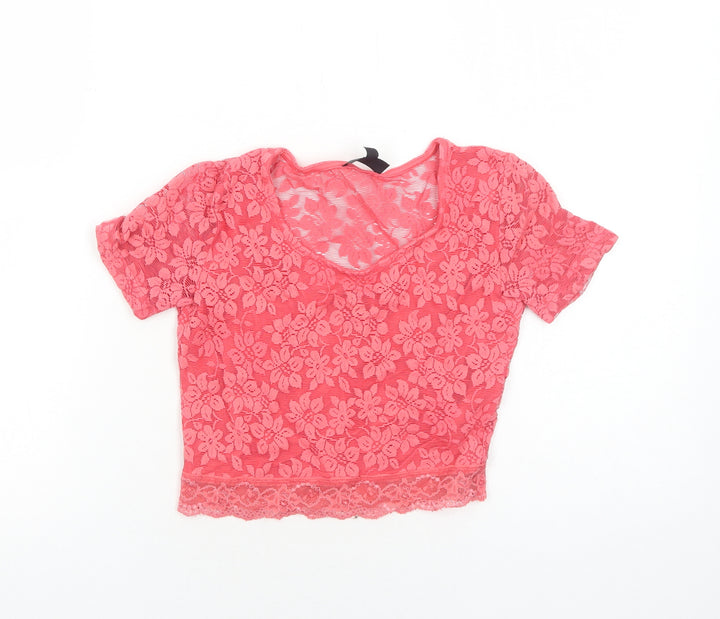 Topshop Womens Orange Polyester Basic T-Shirt Size 8 Round Neck