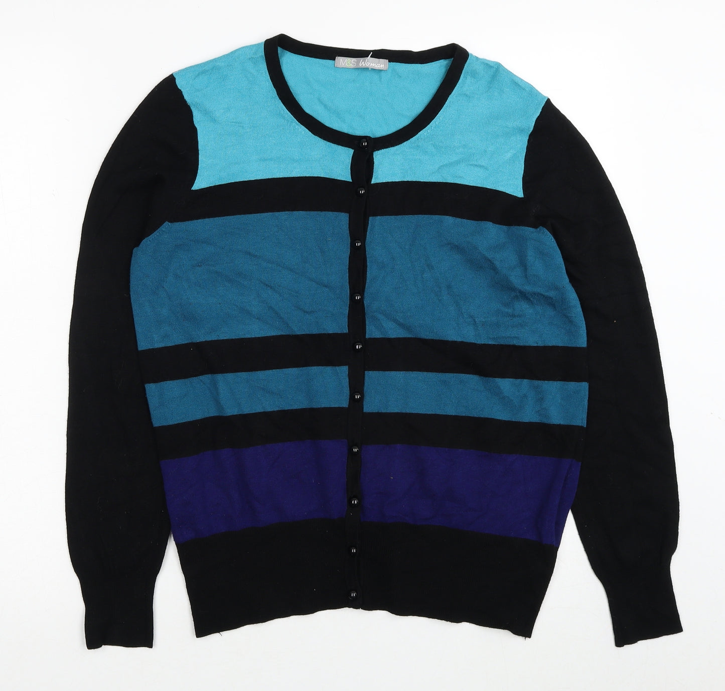 Marks and Spencer Womens Black Scoop Neck Striped Viscose Cardigan Jumper Size 16 - Colourblock