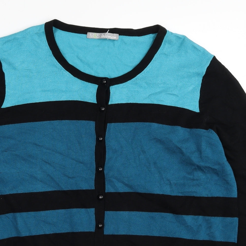Marks and Spencer Womens Black Scoop Neck Striped Viscose Cardigan Jumper Size 16 - Colourblock