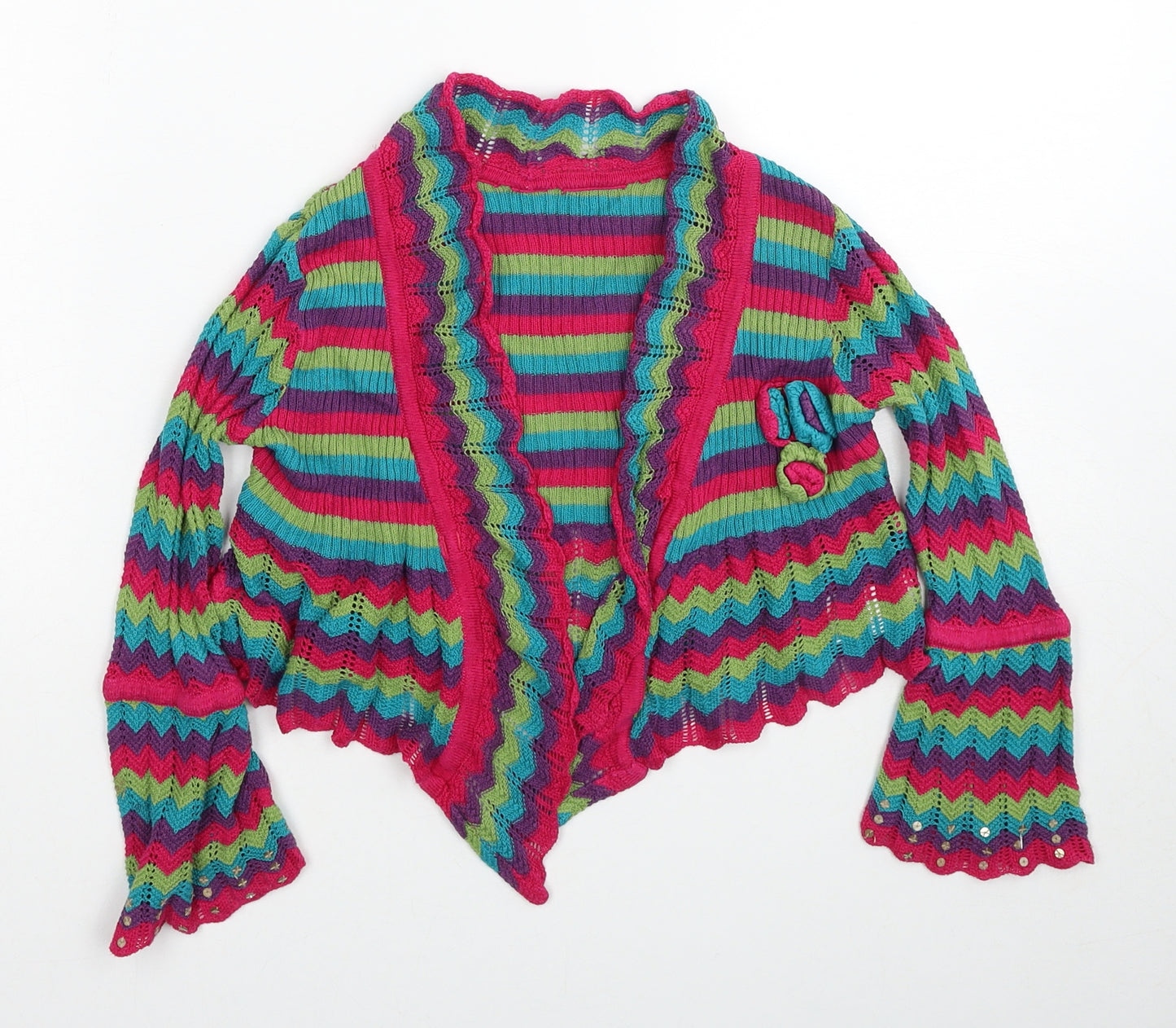 Marks and Spencer Girls Multicoloured V-Neck Striped Cotton Cardigan Jumper Size 5-6 Years Pullover