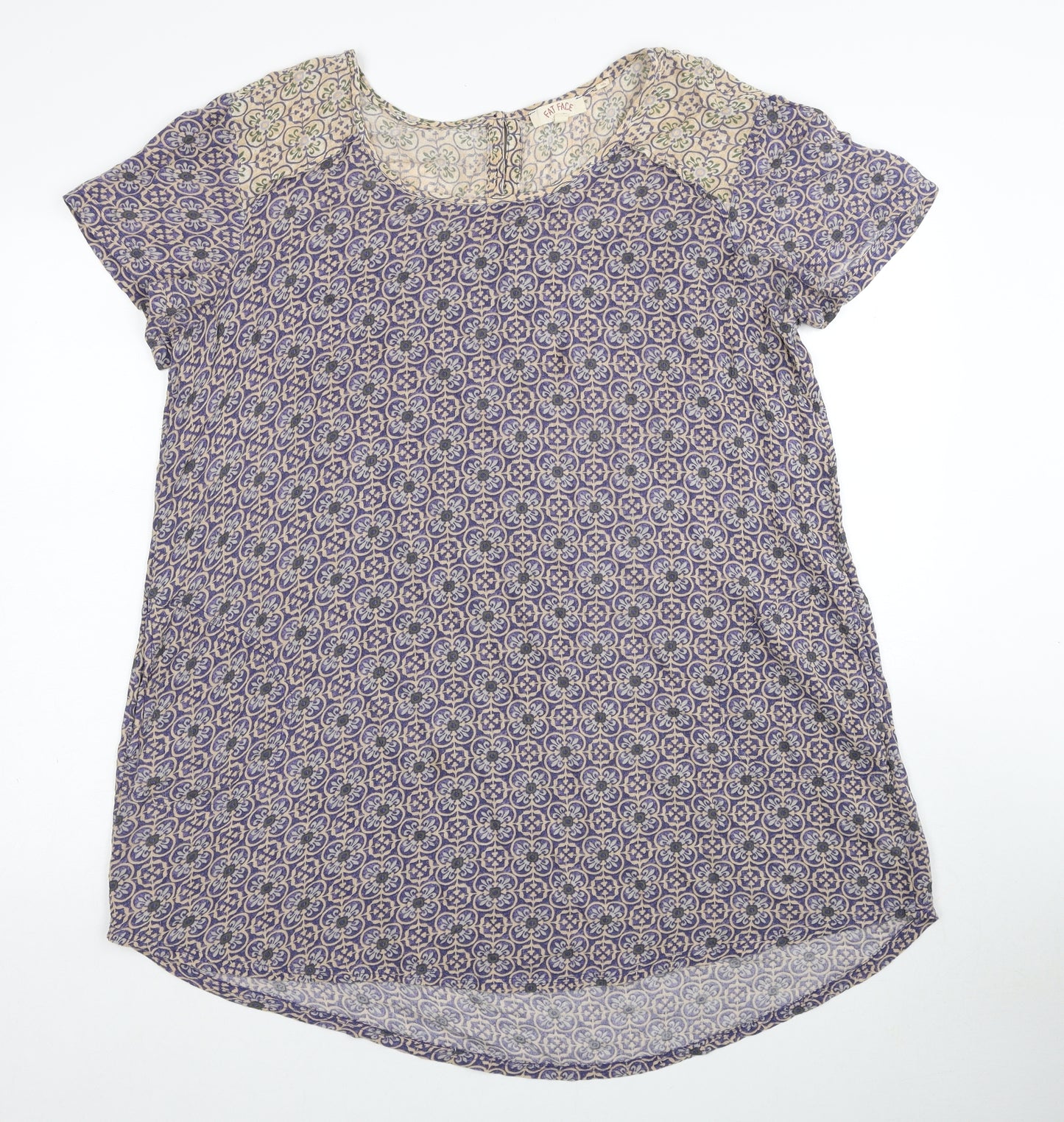 Fat Face Womens Blue Geometric Viscose Basic Blouse Size 14 Round Neck