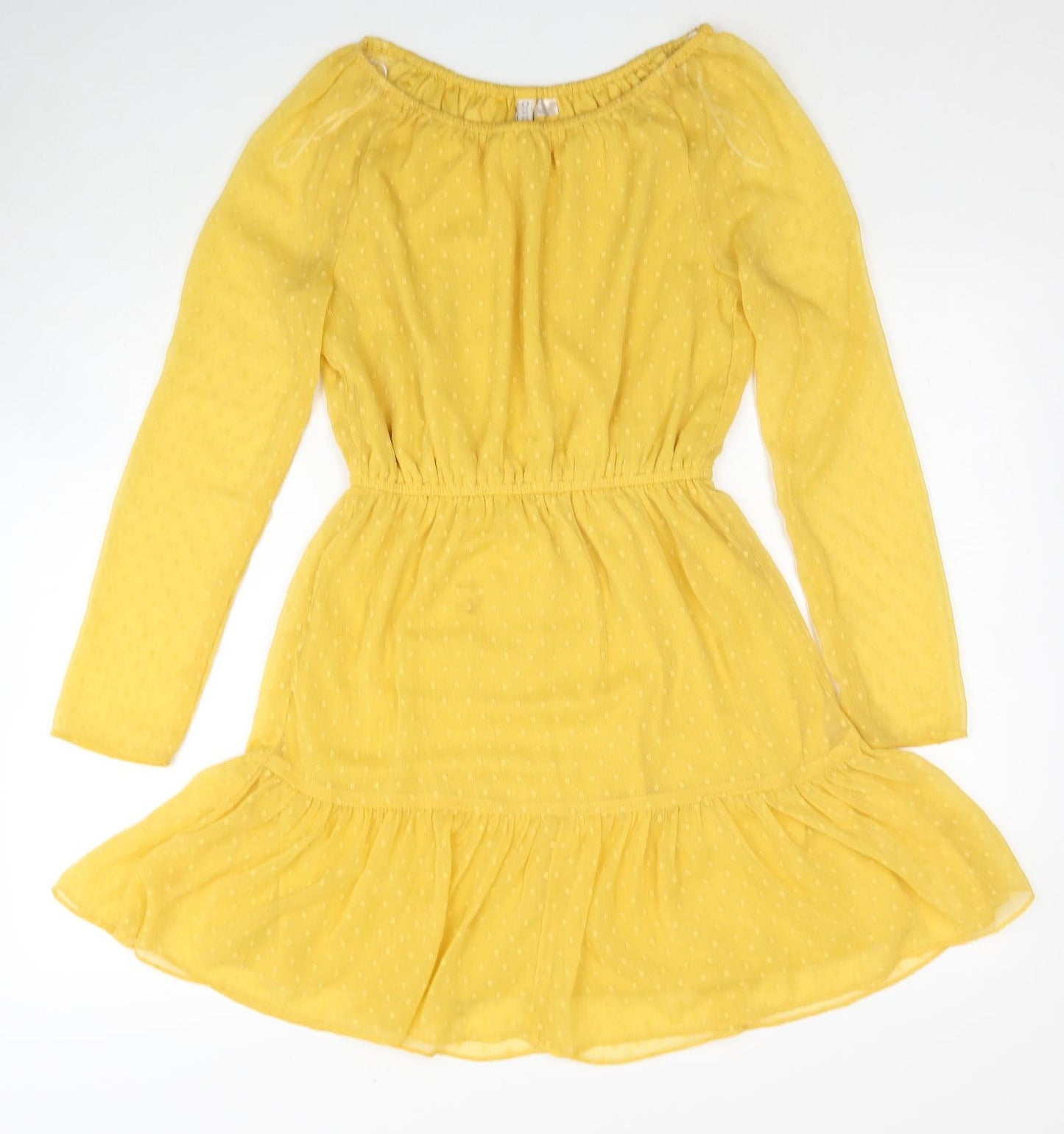 Divided by H&M Womens Yellow Polka Dot Polyester Fit & Flare Size 8 Scoop Neck Pullover - Drop hem