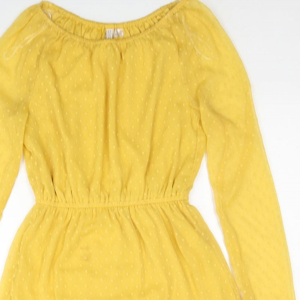 Divided by H&M Womens Yellow Polka Dot Polyester Fit & Flare Size 8 Scoop Neck Pullover - Drop hem