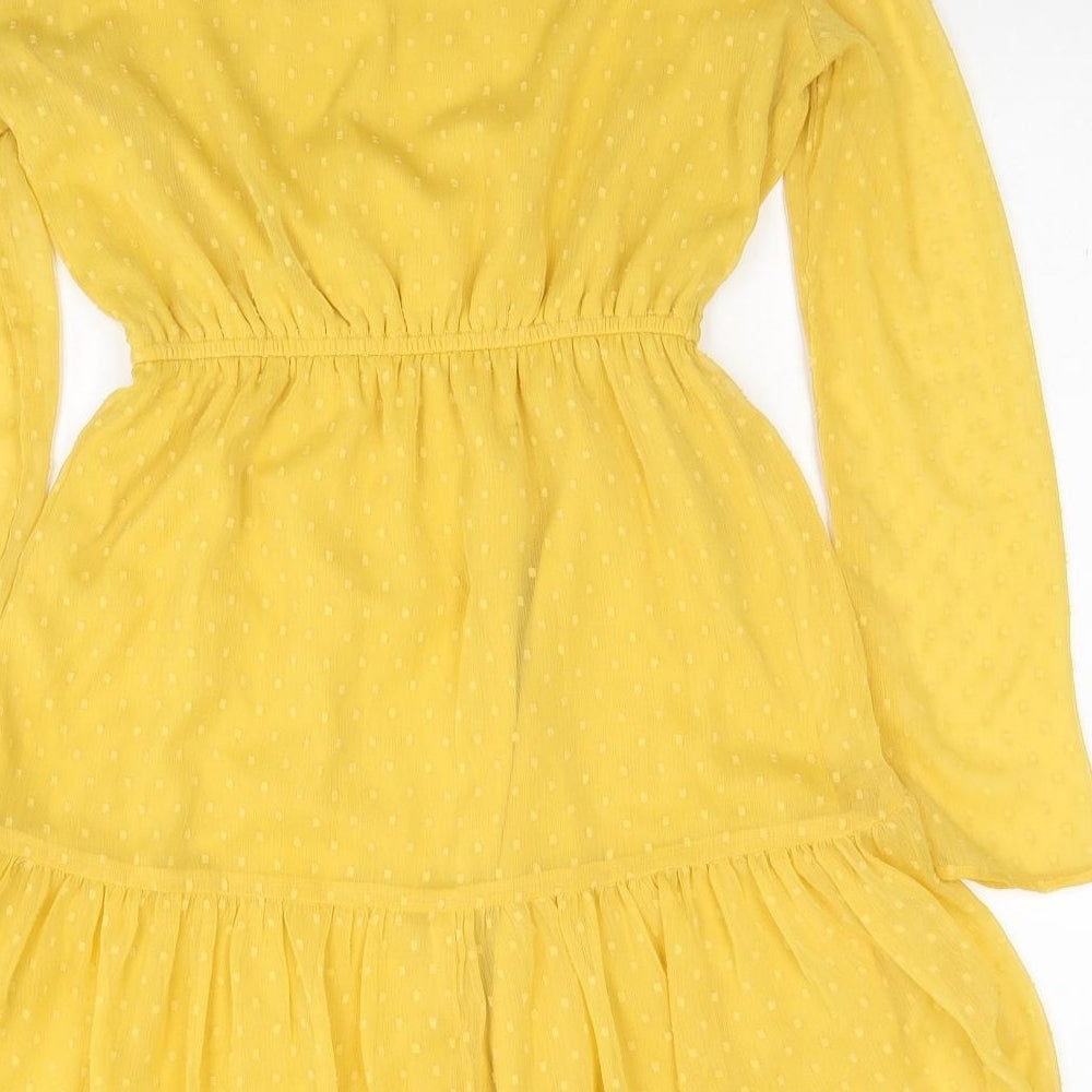 Divided by H&M Womens Yellow Polka Dot Polyester Fit & Flare Size 8 Scoop Neck Pullover - Drop hem
