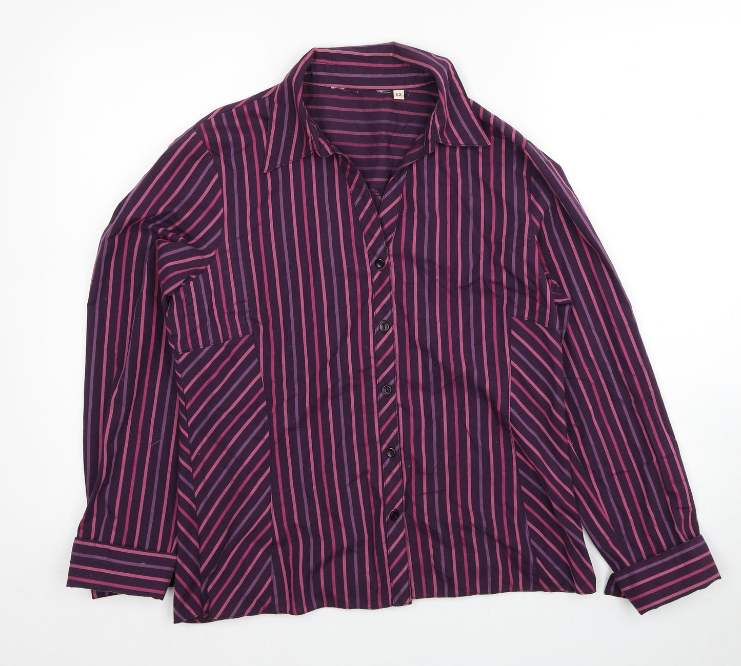 Preworn Womens Purple Geometric Polyester Basic Button-Up Size 12 Collared