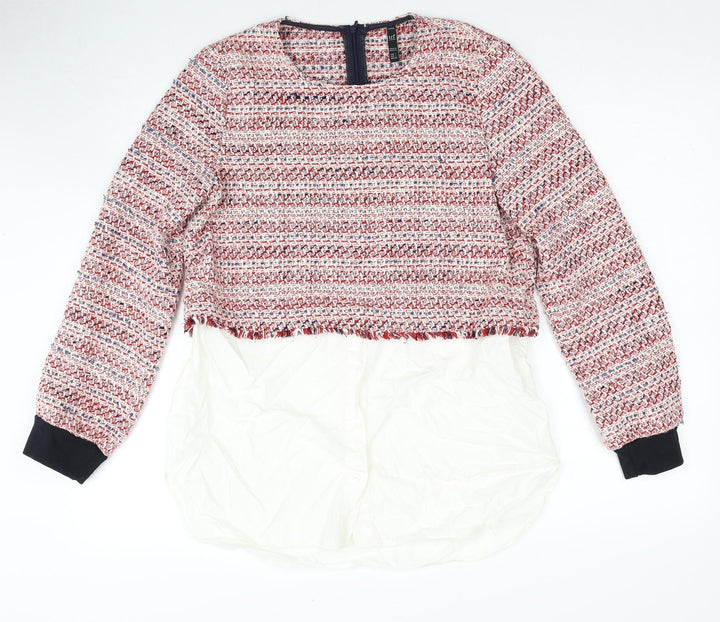 Zara Womens Red Round Neck Geometric Polyester Pullover Jumper Size L - Shirt hem