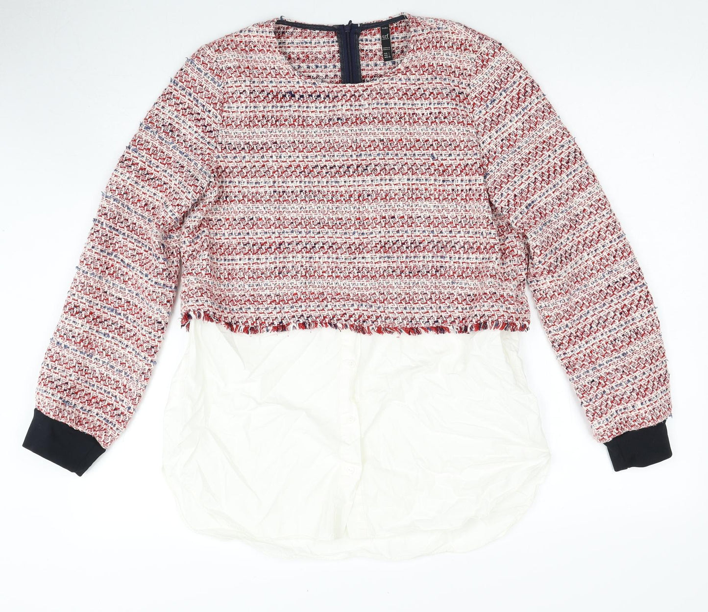 Zara Womens Red Round Neck Geometric Polyester Pullover Jumper Size L - Shirt hem