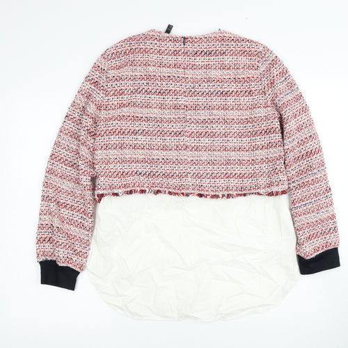 Zara Womens Red Round Neck Geometric Polyester Pullover Jumper Size L - Shirt hem