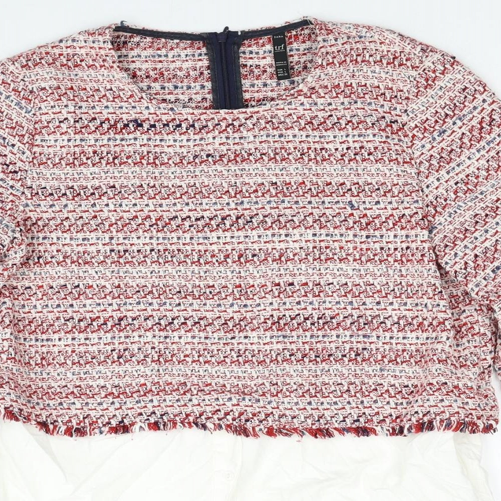 Zara Womens Red Round Neck Geometric Polyester Pullover Jumper Size L - Shirt hem