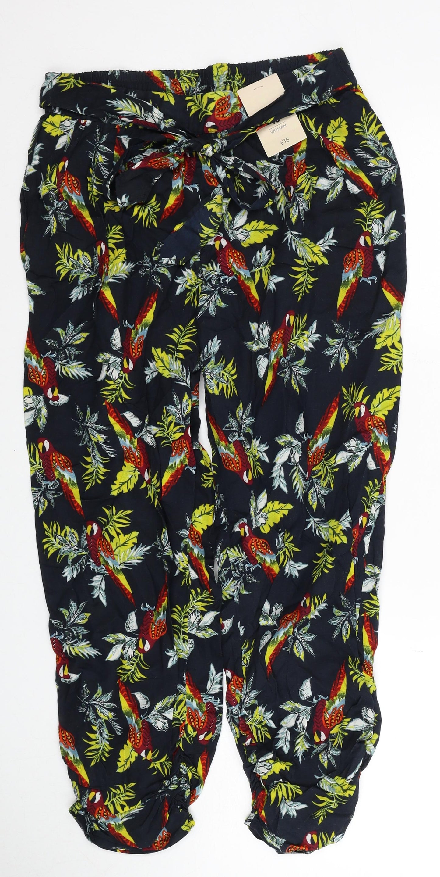 TU Womens Multicoloured Geometric Viscose Trousers Size 10 Regular - Parrott Pattern
