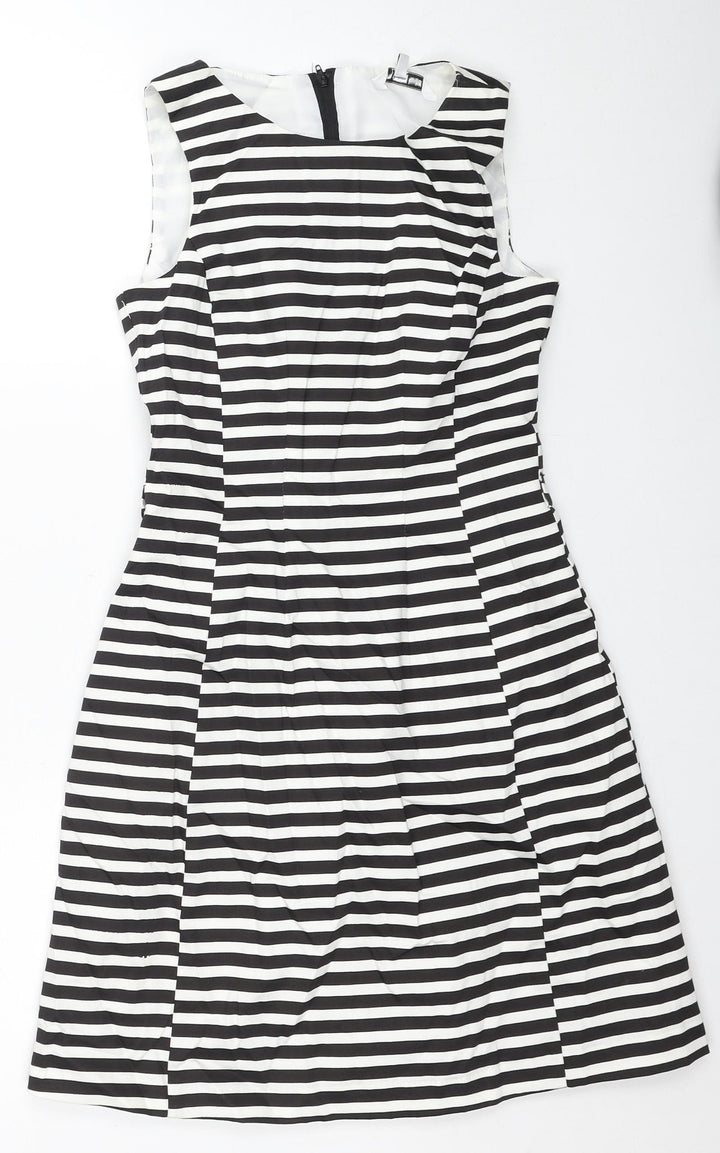 New Look Womens Black Striped Cotton Trapeze & Swing Size 8 Round Neck Zip