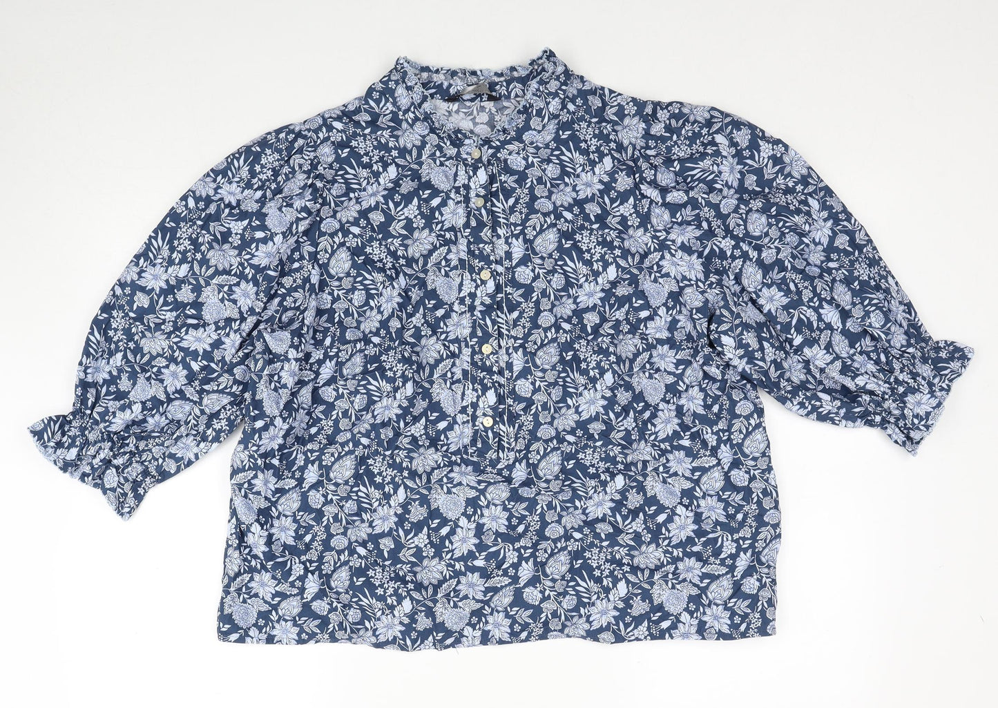 Marks and Spencer Womens Blue Fair Isle Cotton Basic Button-Up Size 14 Round Neck
